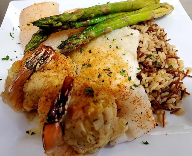Plated seafood entree from the Community Restaurant kitchen